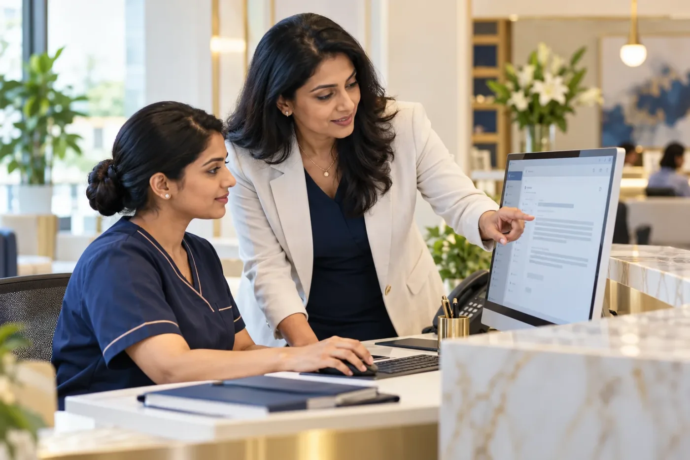 Clinic manager and receptionist reviewing an email draft.