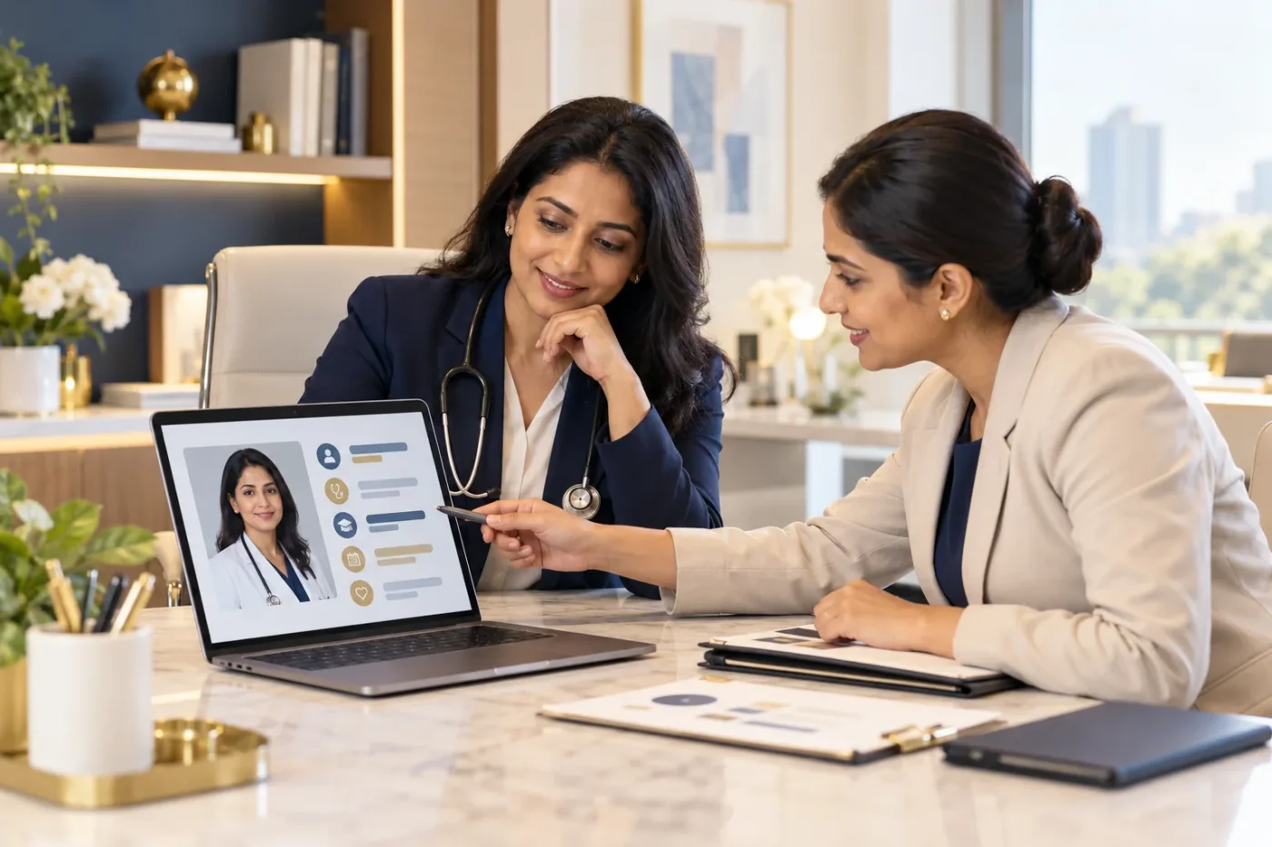 Doctor and consultant reviewing a clinician profile on a laptop.
