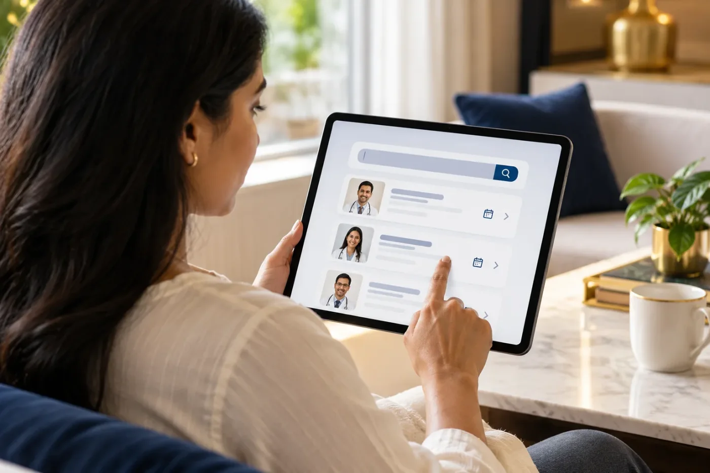 Visitor using an illustrative clinic search interface on a tablet.