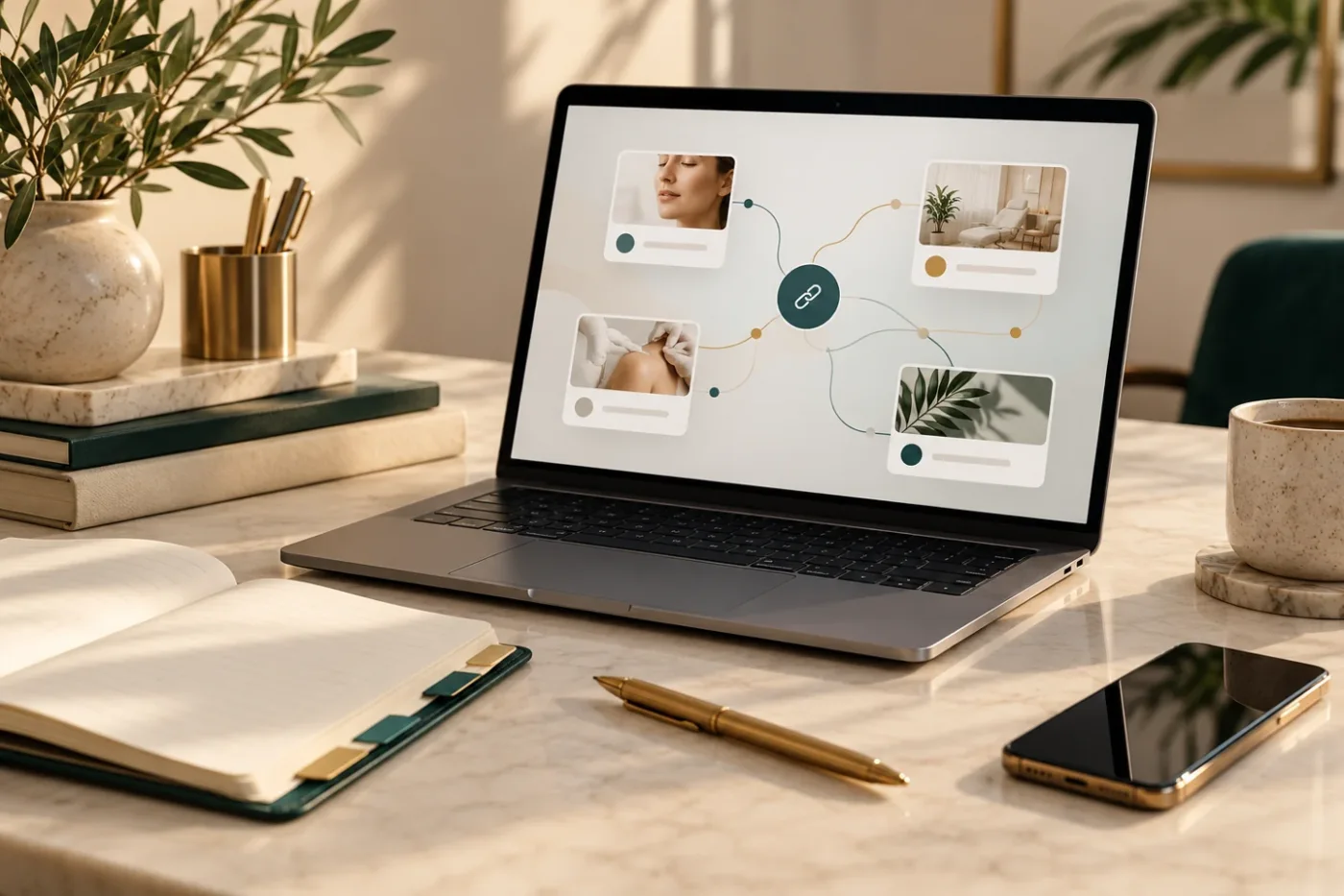 Illustrative campaign planning workspace with laptop, notebook and smartphone.