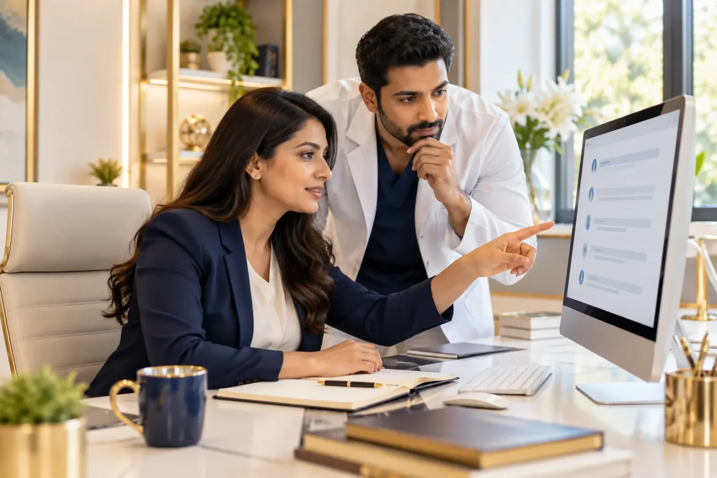 Editor and manager reviewing an answer on a screen.