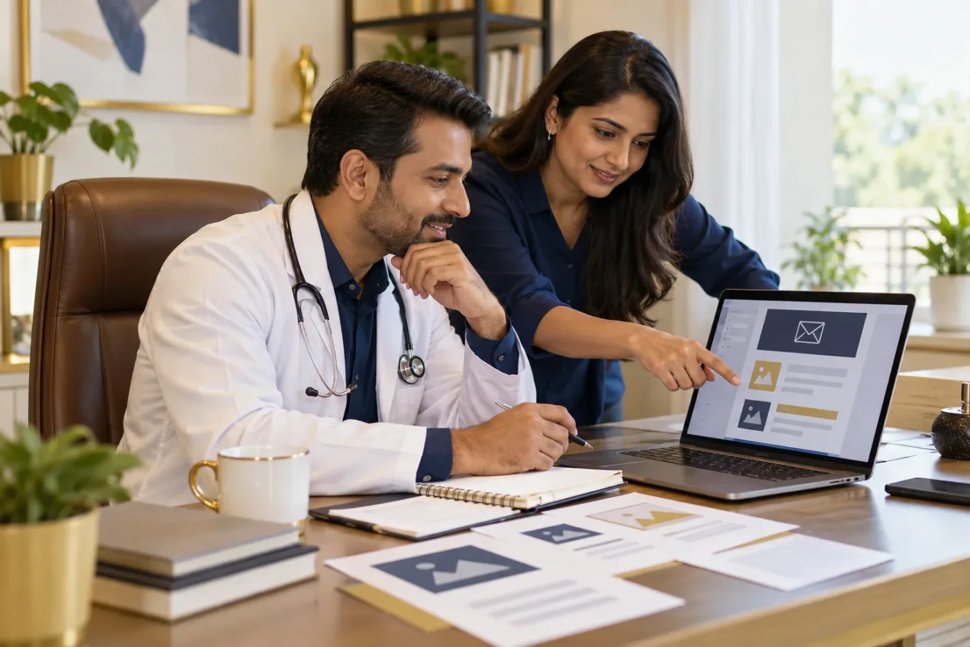 Doctor and editor planning an email newsletter on a laptop.