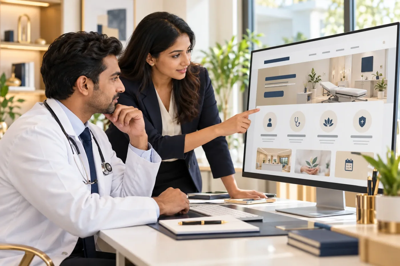 Doctor and website editor reviewing a clinic service page.