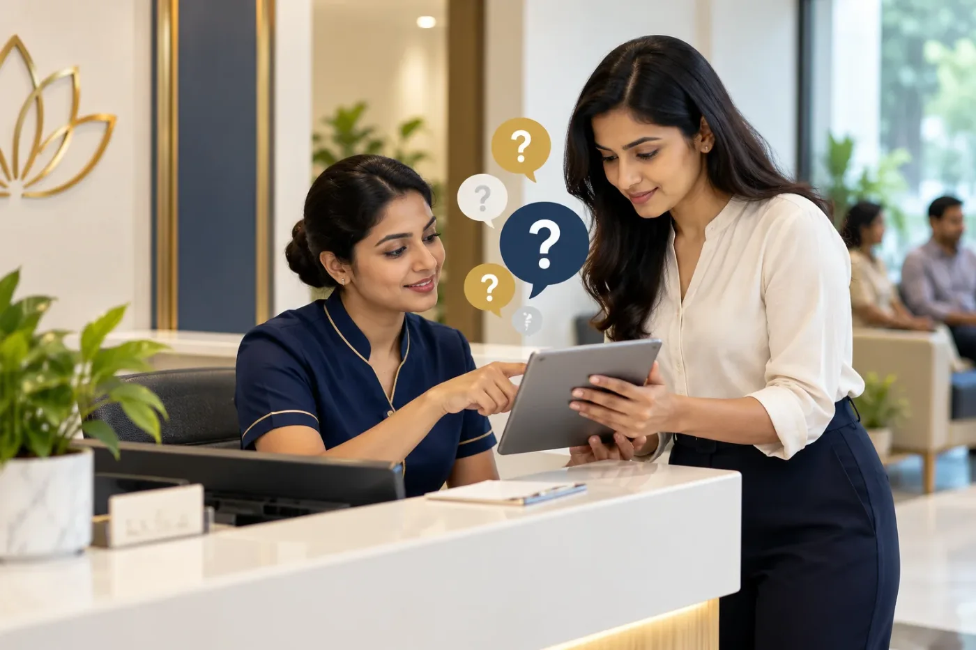 Receptionist and writer discussing frequently asked visitor questions.