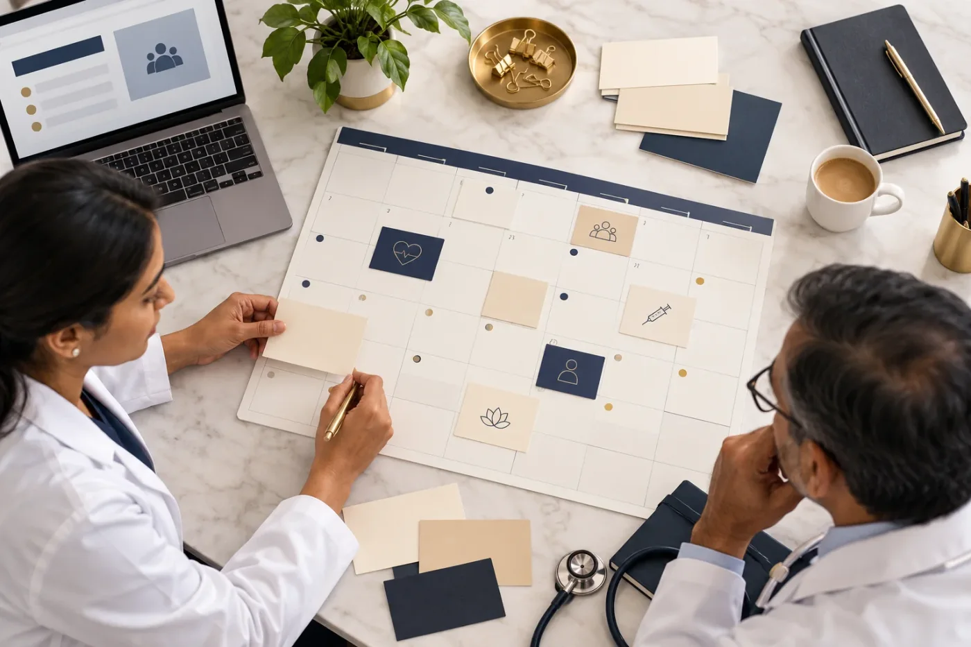 Overhead view of a calendar grid with blank topic cards.