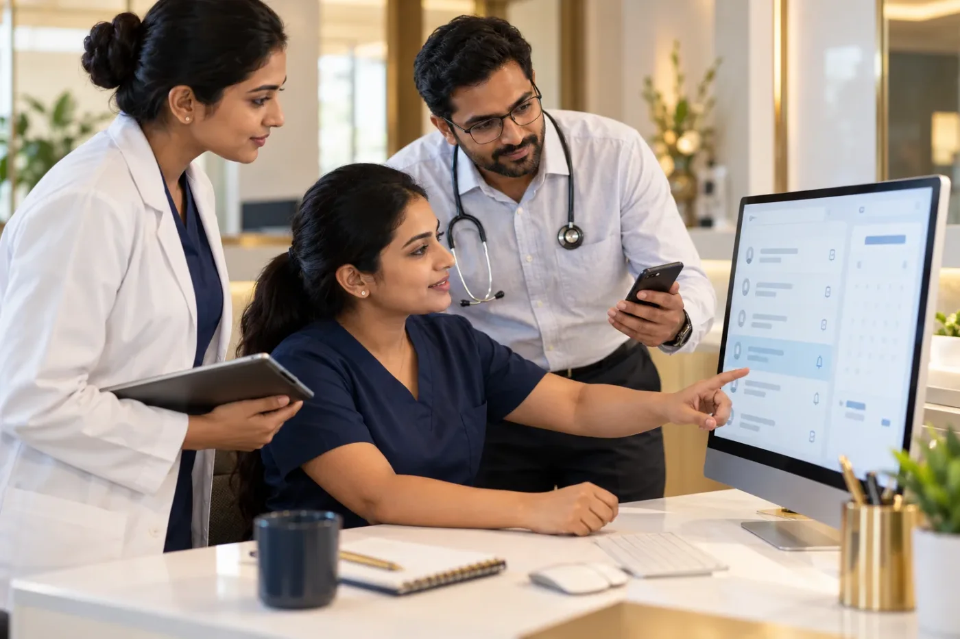 Clinic team reviewing reminder wording beside a scheduling screen.