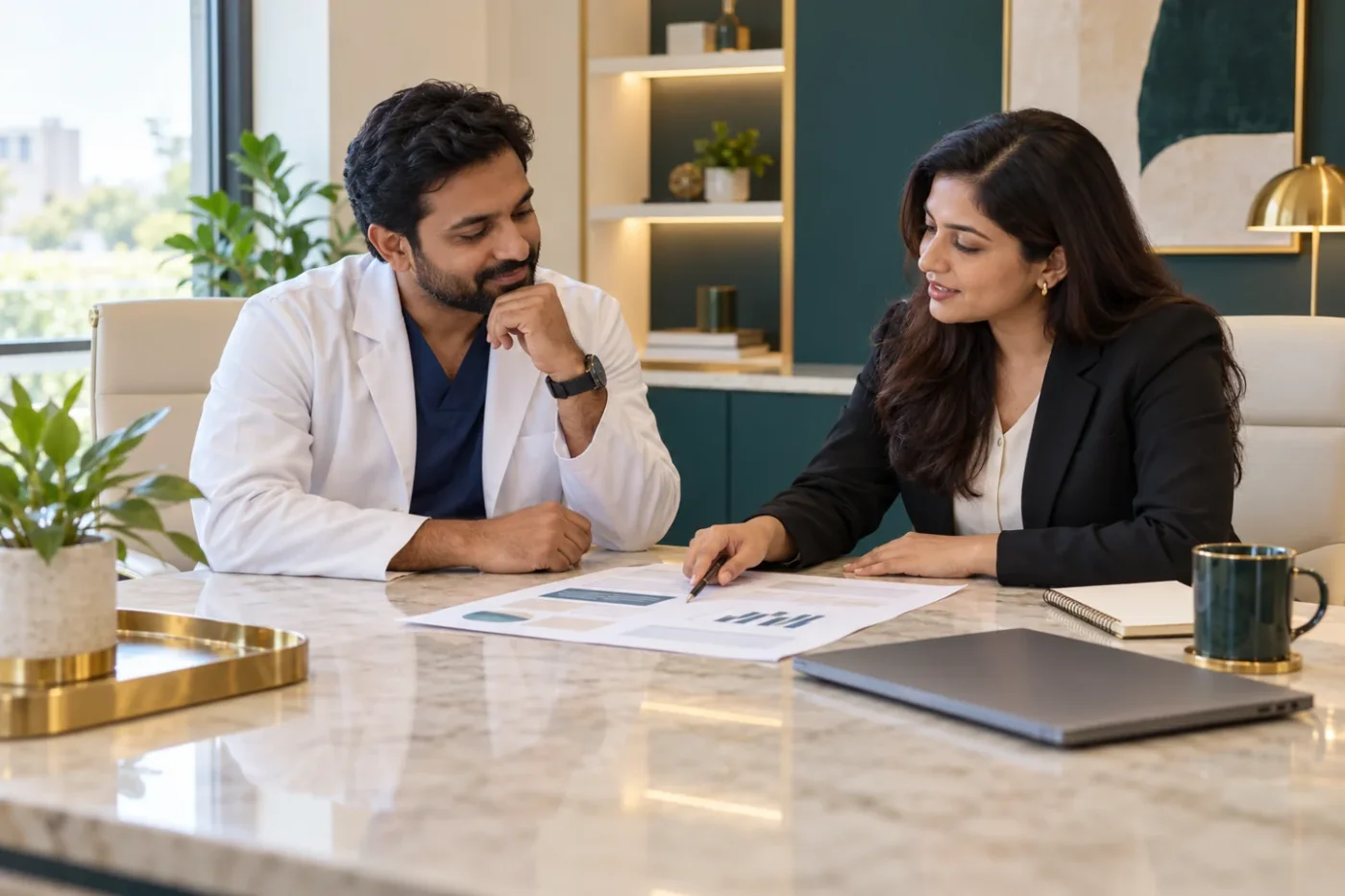 Professionals reviewing a healthcare marketing scope document.