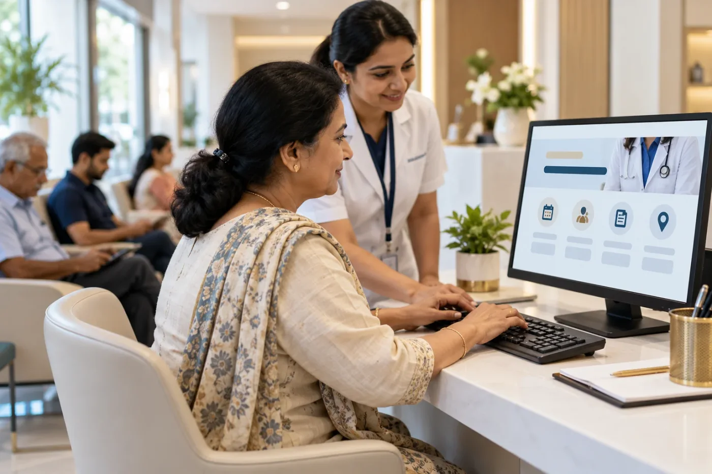 Visitor using a keyboard to browse a clinic website with assistance.