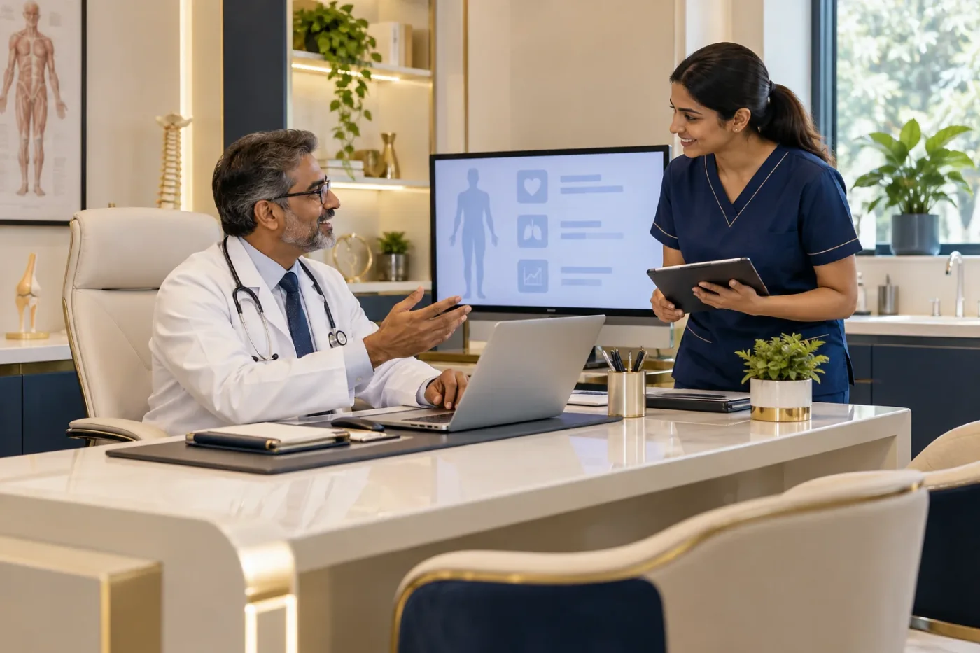 Doctor and team member in a sunlit consultation room.