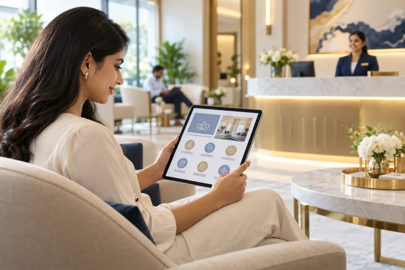 Visitor reading clinic service information on a tablet in reception.