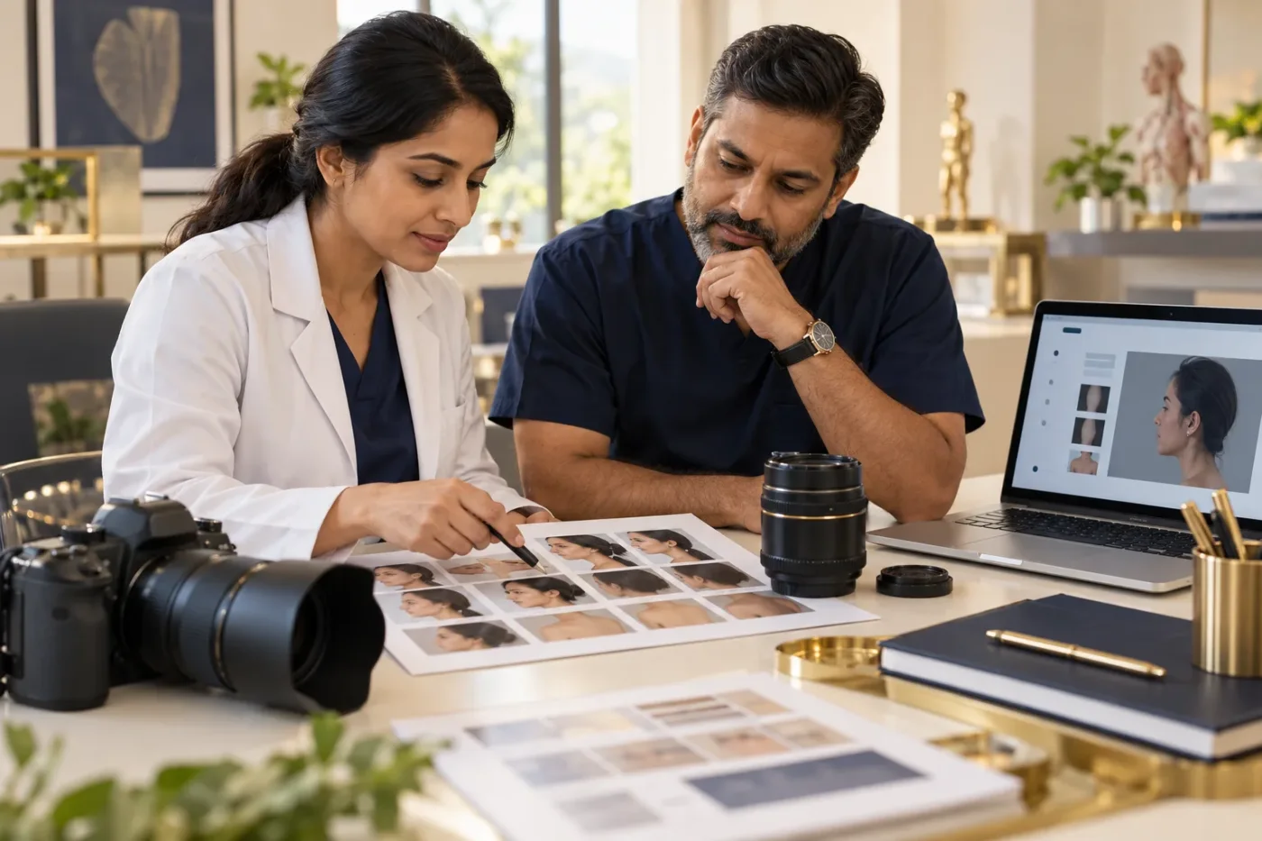 Clinic team reviewing photo contact sheets beside camera equipment.