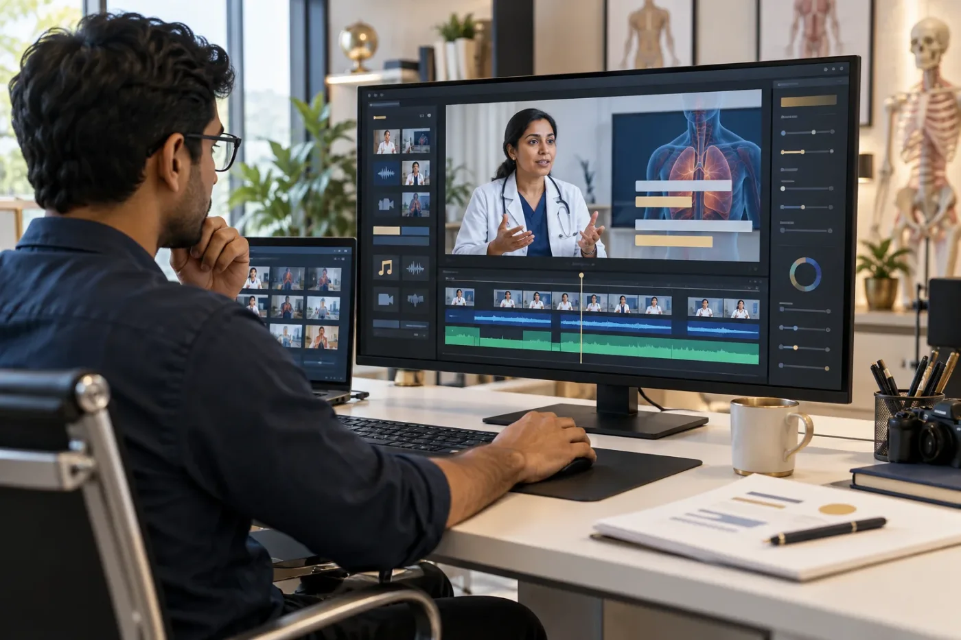Video editor reviewing a doctor recording and caption layout.