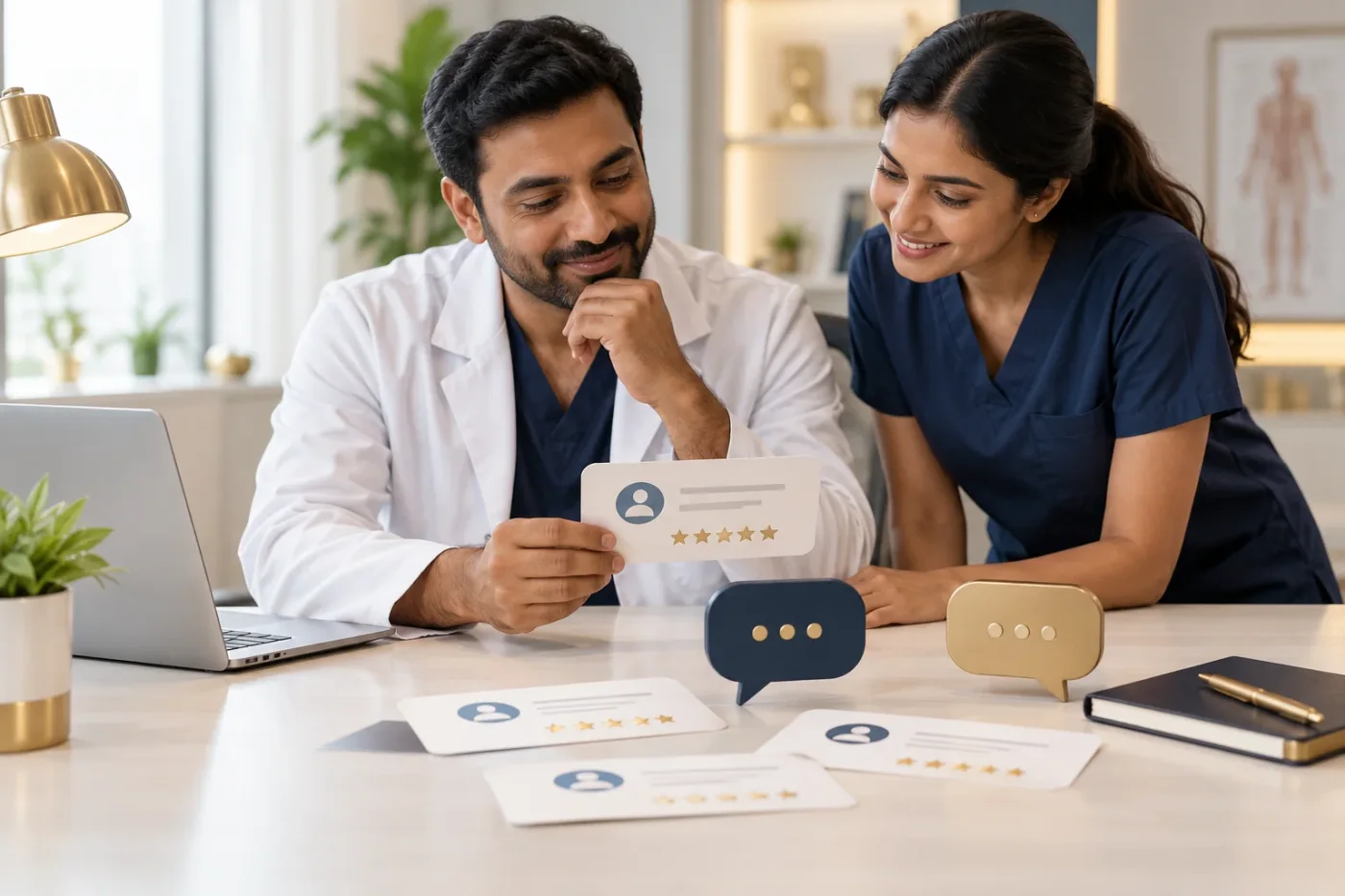 Clinic team reviewing feedback cards beside speech-bubble objects.
