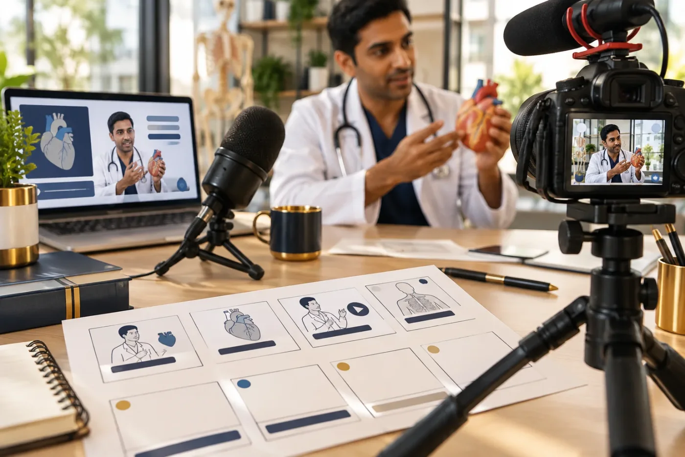 Camera and microphone beside a medical video storyboard.