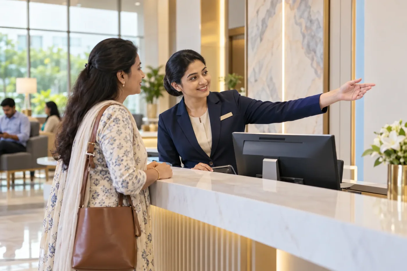 Receptionist explaining location information to a visitor.