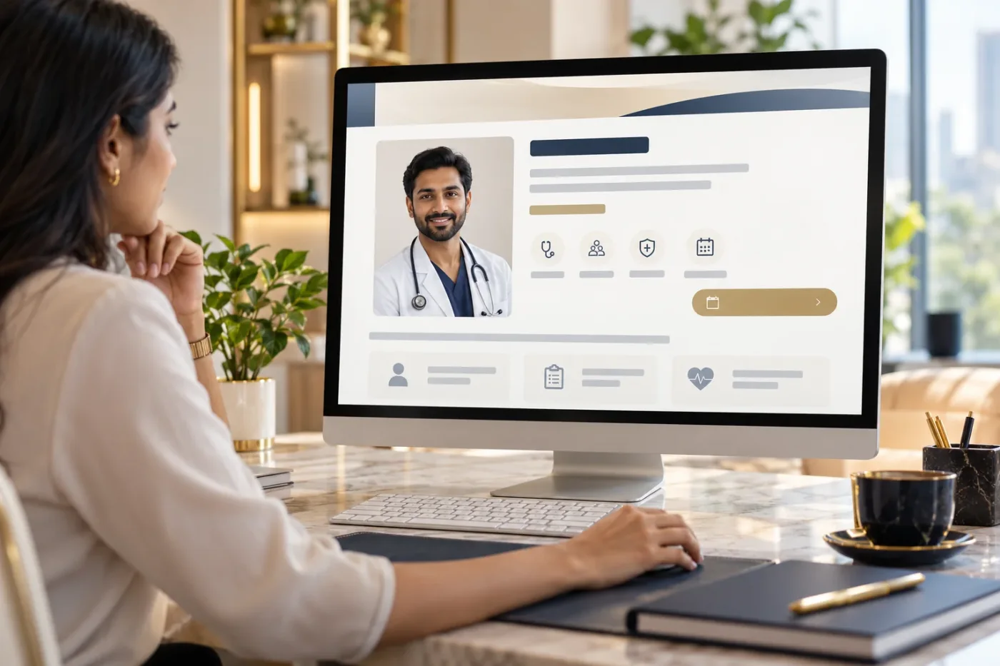 Visitor viewing an illustrative doctor profile on a desktop screen.