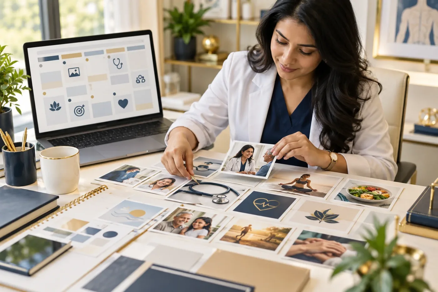 Content planner arranging image cards beside a laptop.