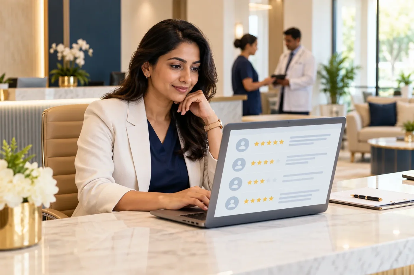 Clinic manager reviewing anonymous feedback on a laptop.
