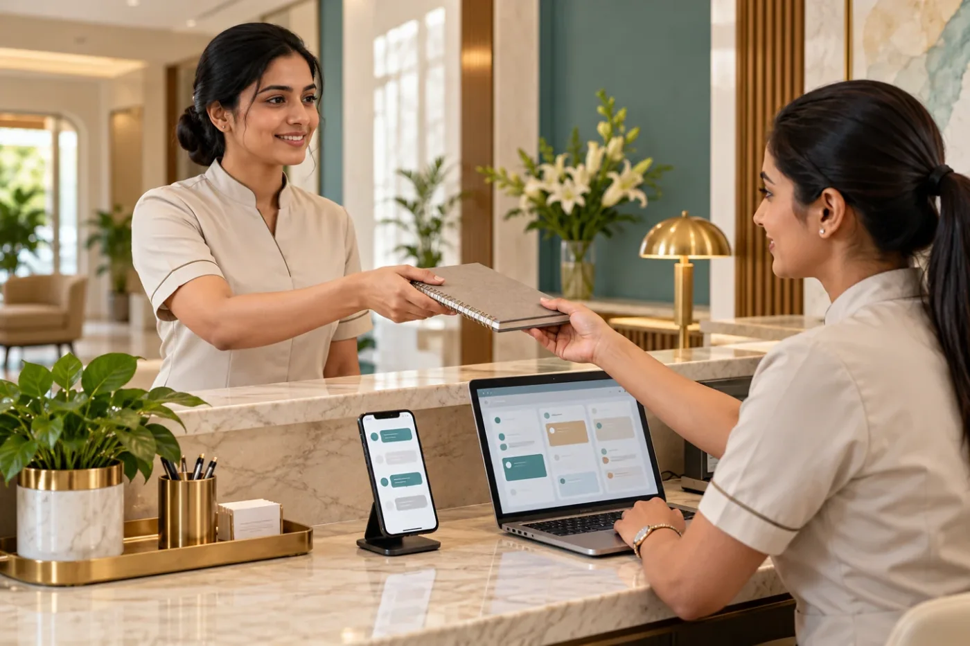Clinic reception workspace with a phone and administrative task queue.