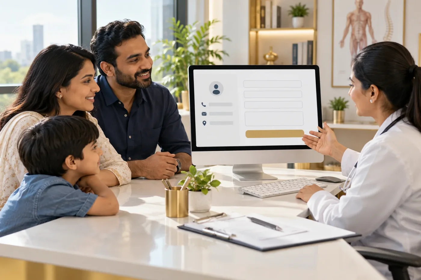 Clinic professional explaining a simple contact form to a family.