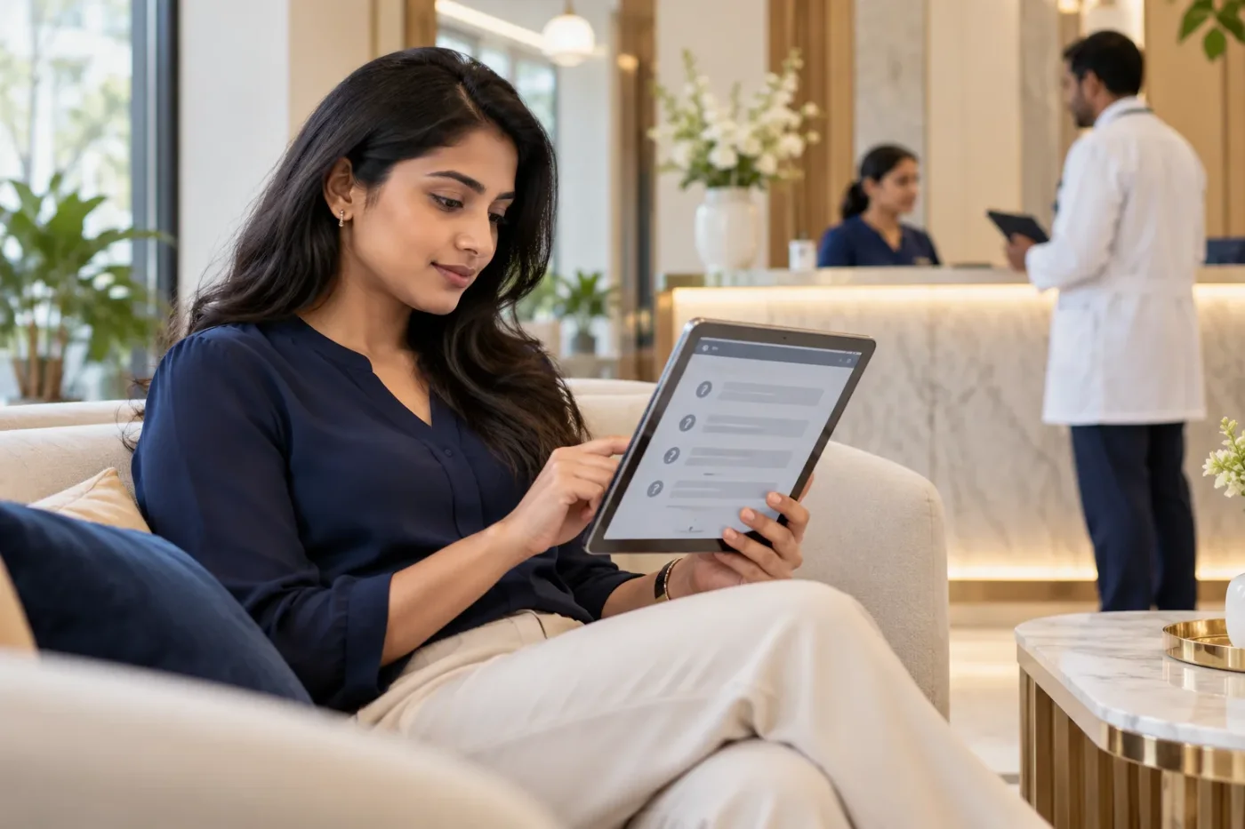 Visitor reading a clinic FAQ page on a tablet.