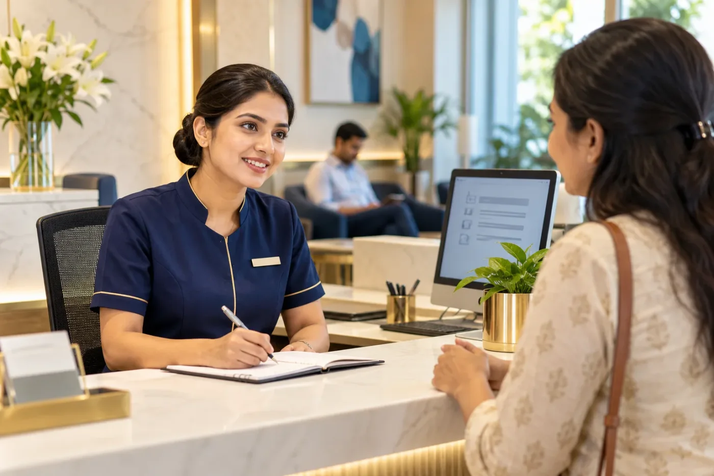 Receptionist noting common appointment questions.
