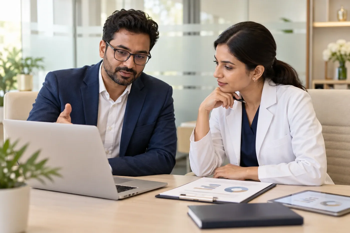 Two professionals discussing clinic feedback at a private desk.
