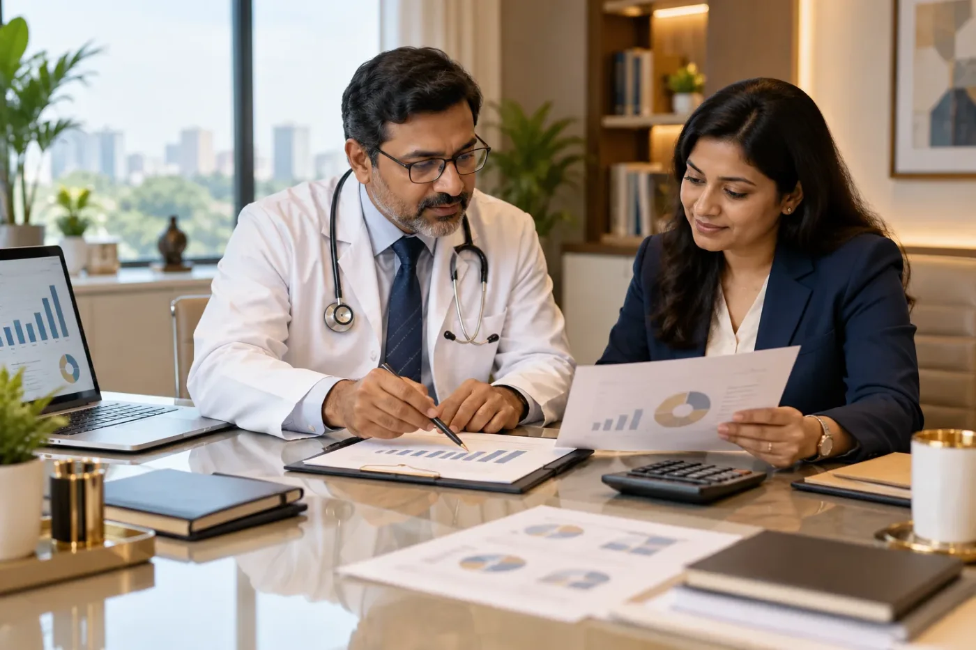 Doctor and manager reviewing marketing costs with a calculator.