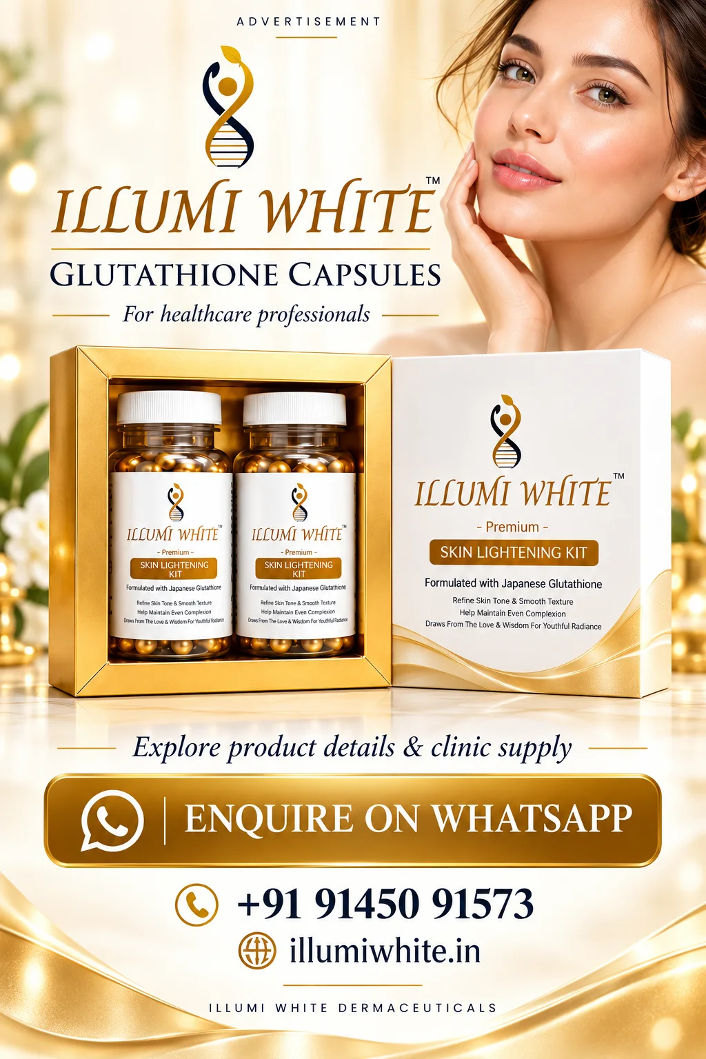 ILLUMI WHITE dual-bottle kit with website and WhatsApp enquiry details