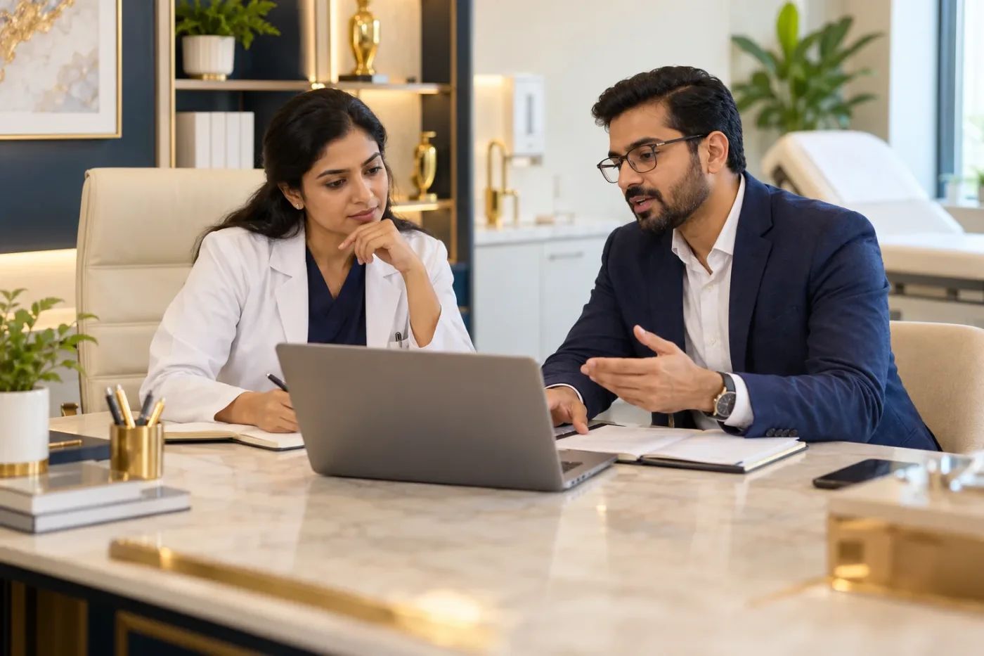 Clinic owner discussing work priorities with a consultant.