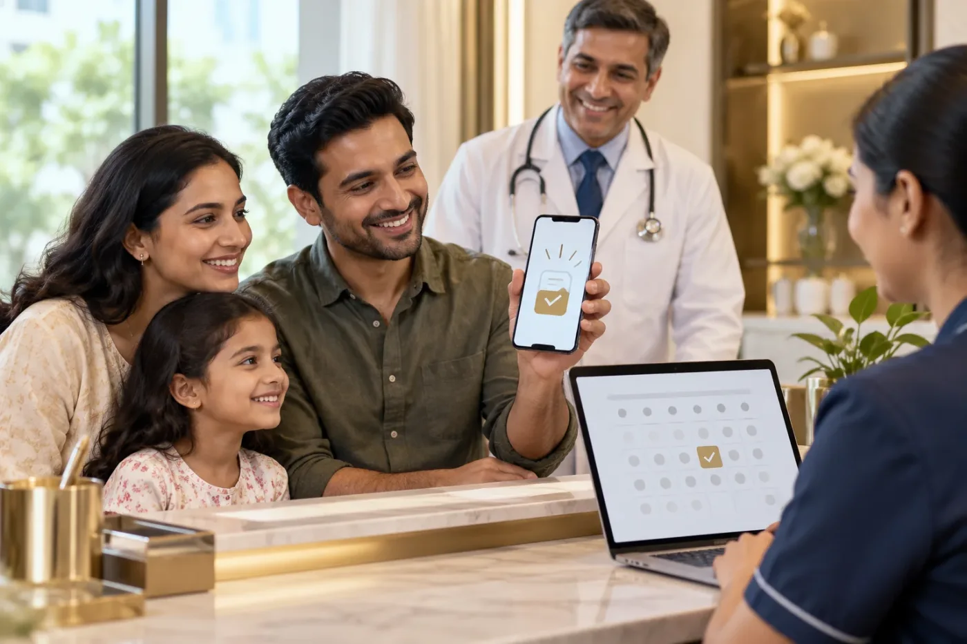 Family viewing an illustrative request receipt checkmark on a phone.
