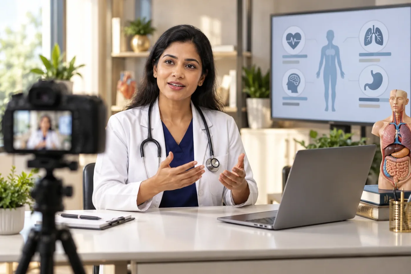 Doctor speaking to a camera during an educational video recording.