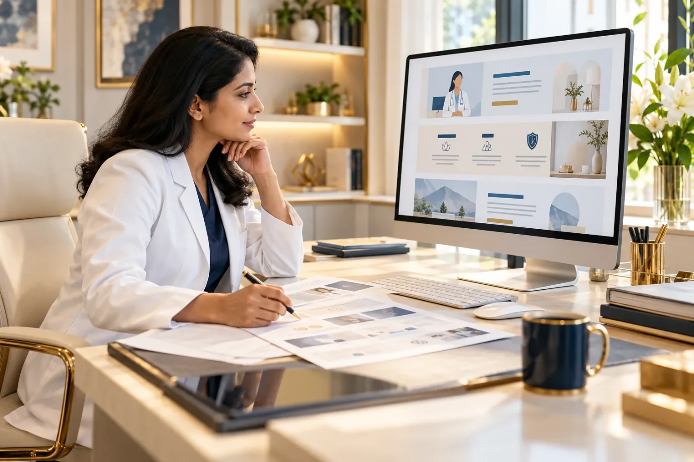 Clinic professional reviewing illustrated website sections on a monitor.