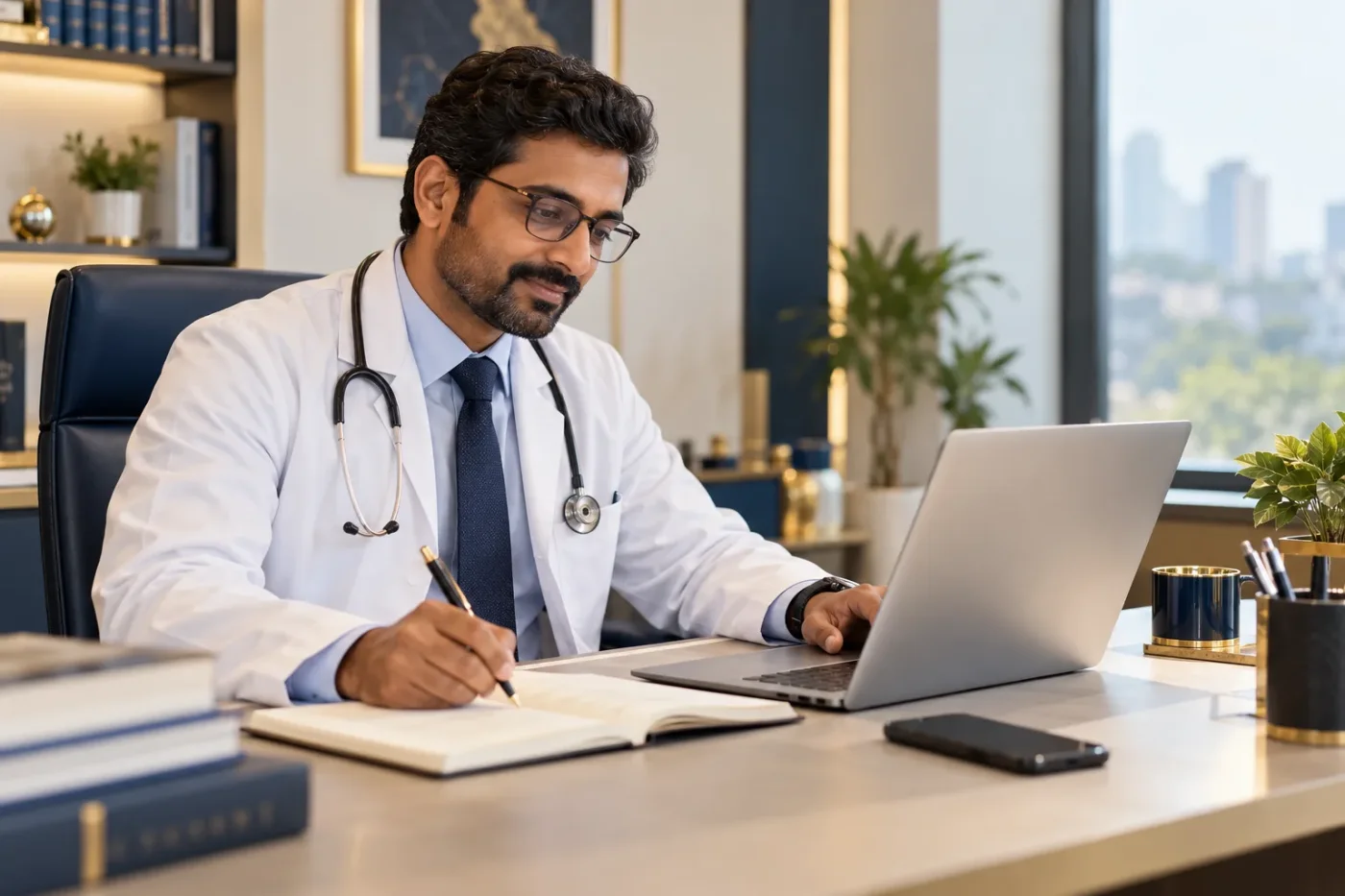 Doctor writing a professional post in a quiet office.