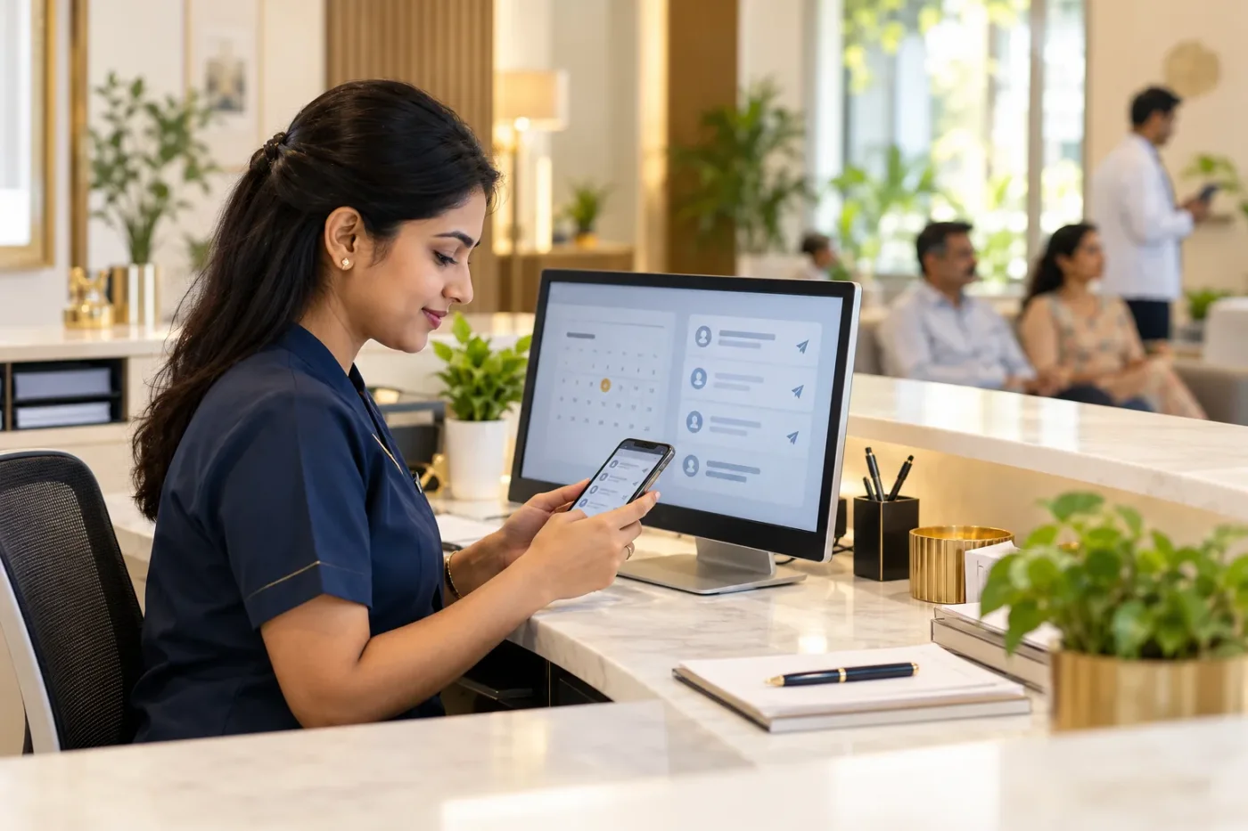 Receptionist preparing appointment reminder messages.
