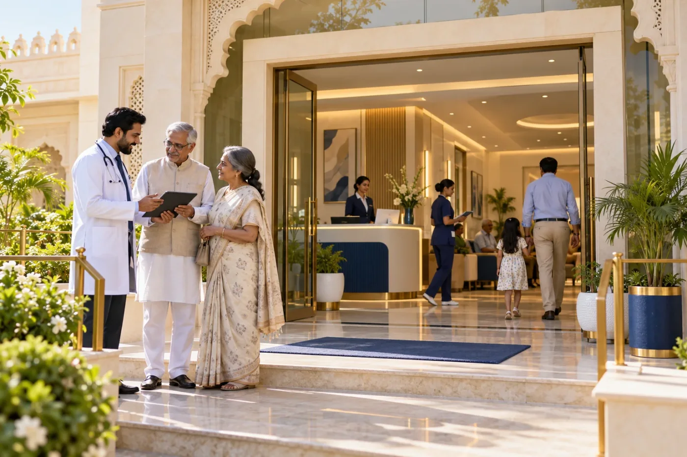 Illustrative ivory clinic entrance with visitors and reception visible.