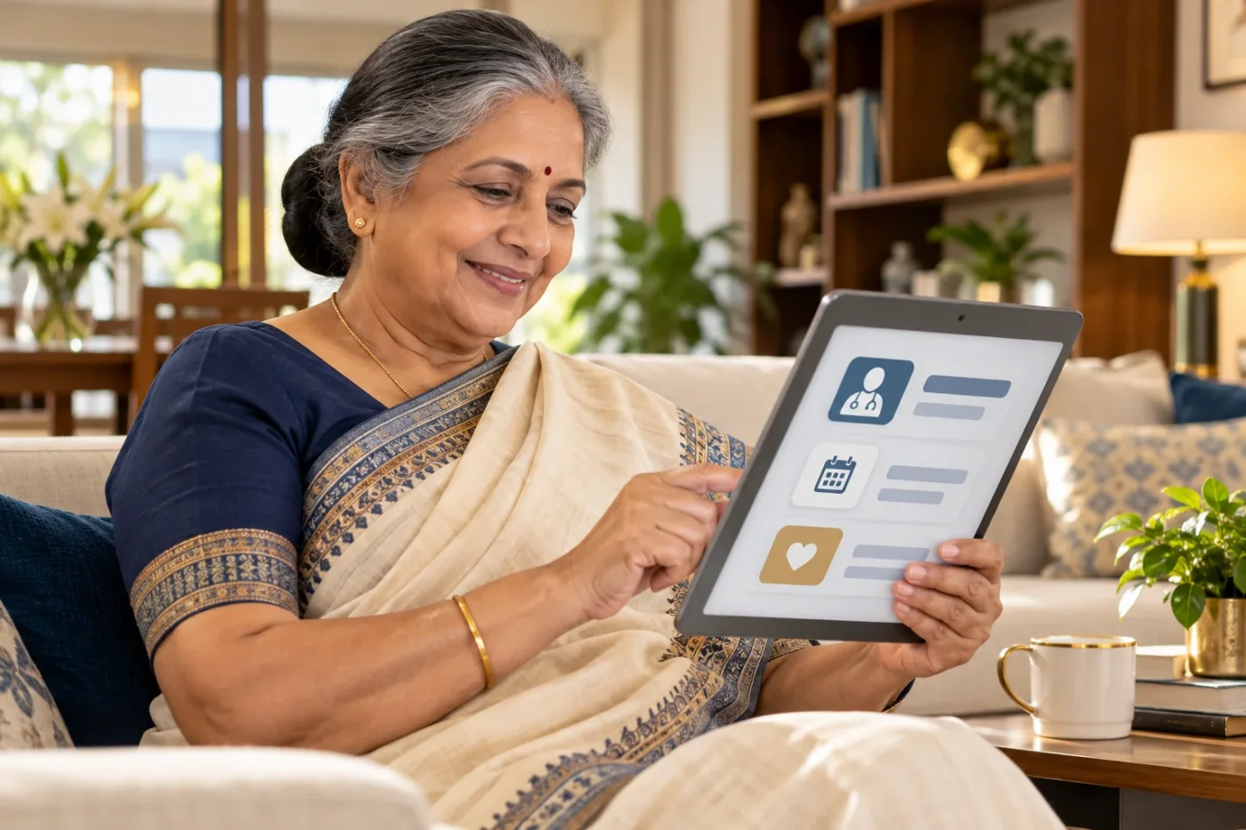 Older adult reading a simplified clinic interface on a tablet.